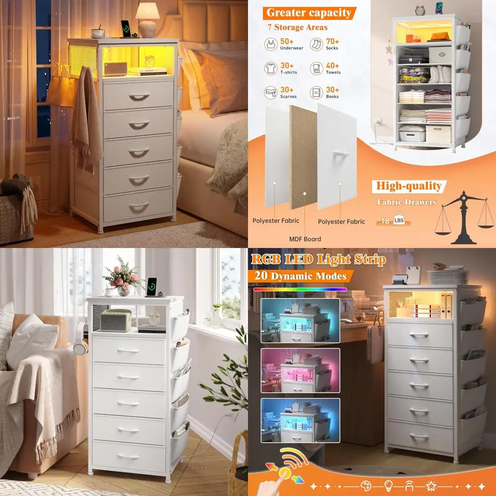 

Contemporary Nightstand with Charging Station, Vertical Storage Nightstand featuring 5 Drawers, LED-lit Nightstands with USB Por