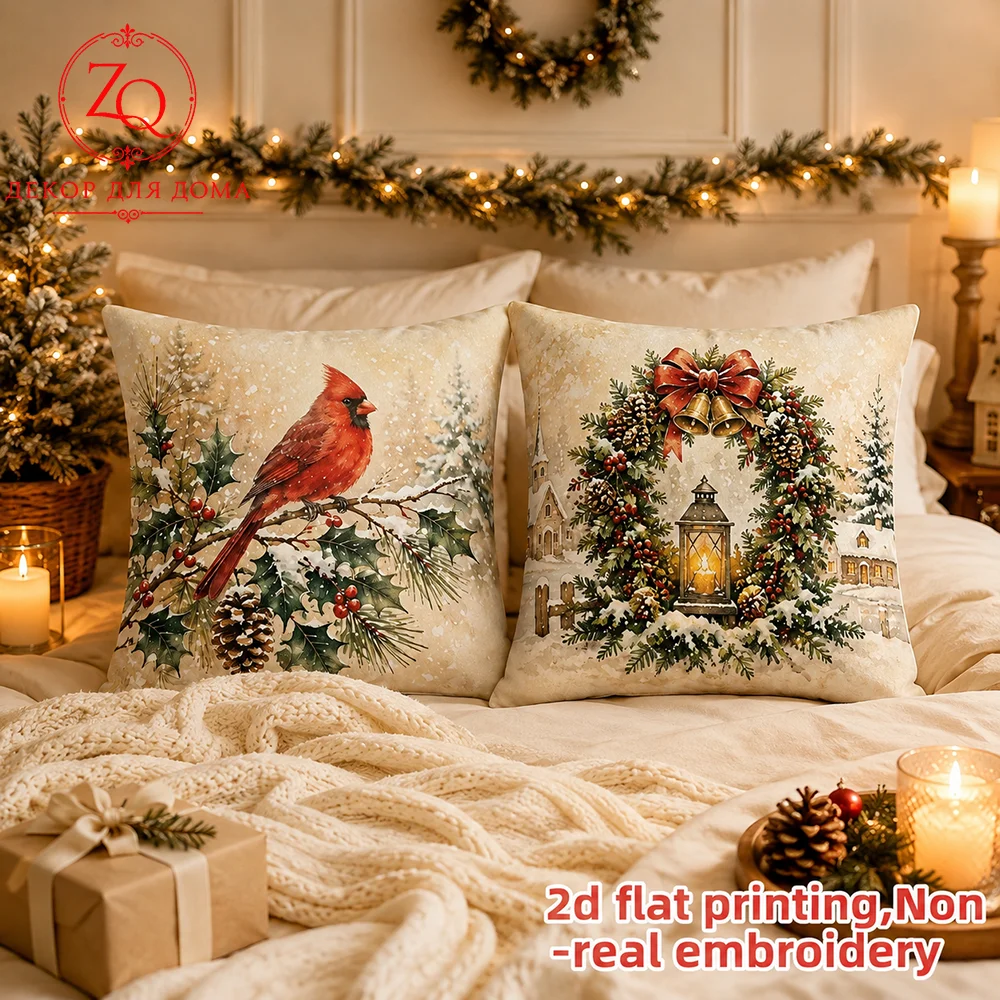 Christmas Cardinal Wreath Throw Pillow Covers  Peach Skin Velvet Winter  Fireplace  Couch Bed Decorative Pillowcases