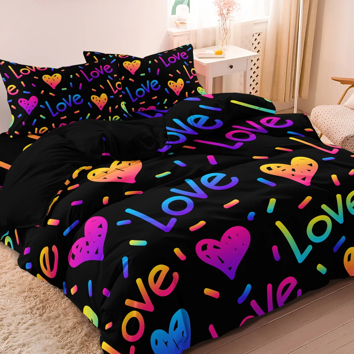 3pcs Set Colorful Love Digital Print Duvet Cover Set Black And Colored Heart Duvet Cover Set Shaped Bedding For Home And Dorm Us