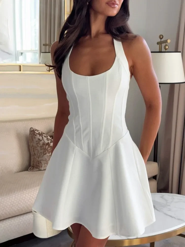 

Halter Backless Sexy Mini Dress Women Elegant Fashion White Zipper High Waist A-line Club Party Dresses Female Dress