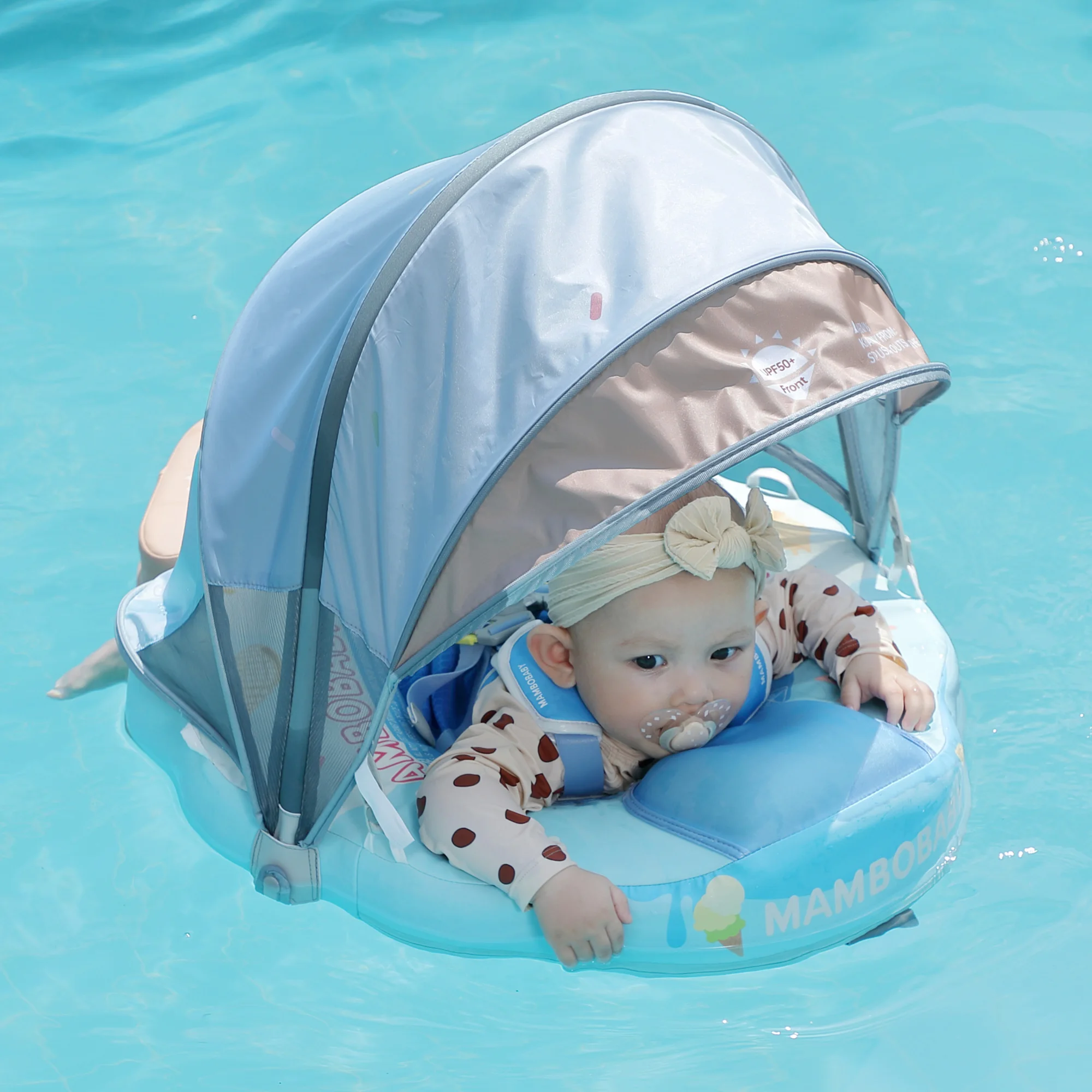 عوامة أطفال مامبوبيبي غير قابلة للنفخ مع مظلة، لعبة سباحة محسنة للأطفال من 3 إلى 24 شهرًا