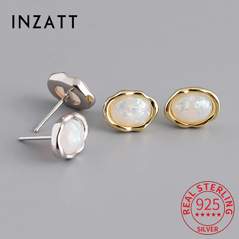 

INZATT Real 925 Sterling Silver Elliptical Opal 18K Stud Earrings for Women Classic Fine Jewelry Geometric Accessories