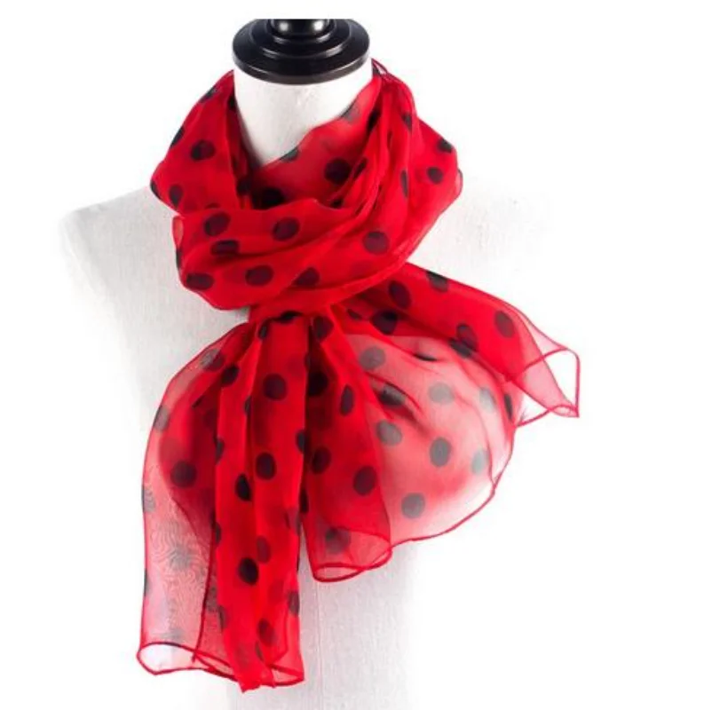 Spring and Autumn Georgette Polka Dot Scarves Bright Red Scarves Dot Scarves Women\'s Thin Chiffon Long Scarves Sunscreen Shawls