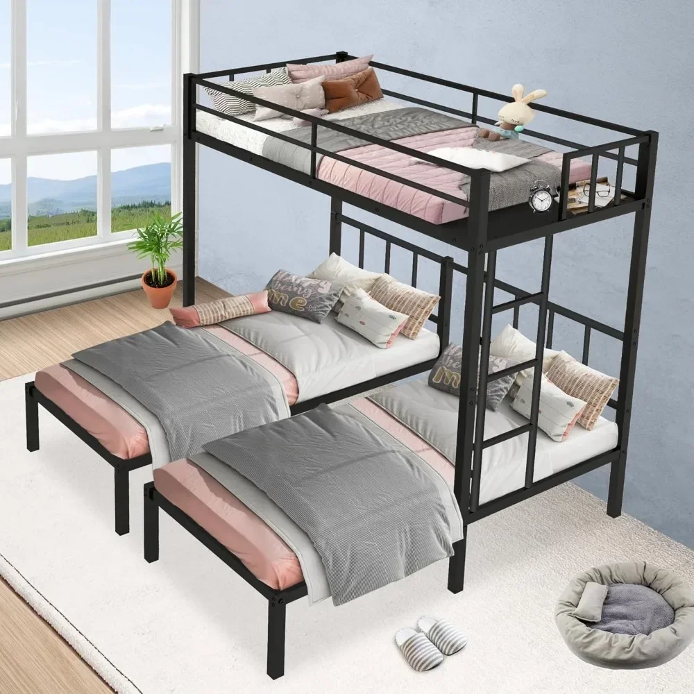 Children Beds, Metal Twin Over Twin & Twin Bunk Beds for 3 with Guardrails, Ladder & Upper-Bed Platform, Detachable 3 Bunk Beds