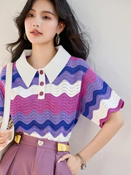 Women's Retro Contrasting Color Turn-down Collar T-shirt Summer 2024 New Casual Pullover Fashion Lazy Style Tops