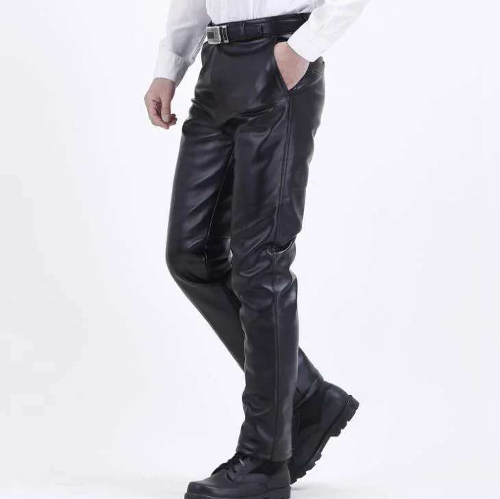 Winter Thick Warm Faux Leather Pants for Men Plus Size PU Leather Fleece Pants Fashion Motorcycle Joggers Windproof ZL394