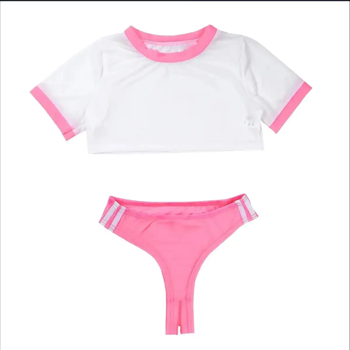 

Women's School Girl Sheer Bodysuit Two Pieces Lingerie Set Short Sleeves Sheer Crop Top with Open Crotch Thongs Briefs Underwear