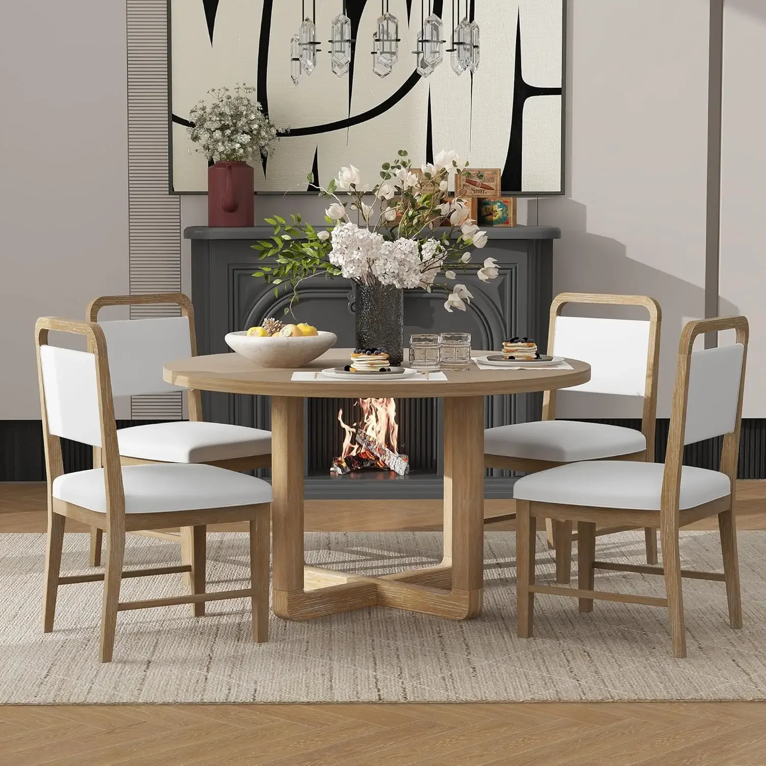 |5-Piece Retro Dining Set, |Round Table Top with Radial Wood Grain Design and 4 Upholstered Chairs for Dining Room and Kitchen