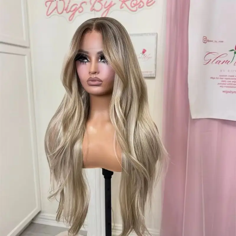 New In Ombre Ash Blonde Streaks Synthetic HD Lace Front Wig for White Black Women Heat Resistant Fiber Wig Soft Wig 28 Inches