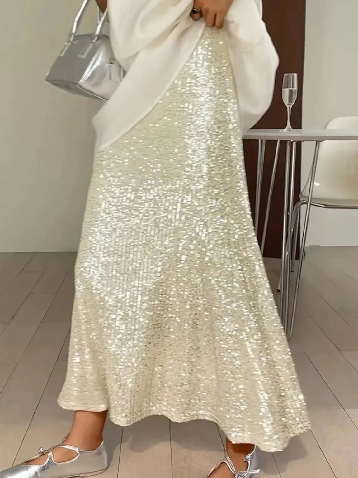 

Fashion Sequin Elastic High Waist Lined Stretch Draped Midi Skirts For Women