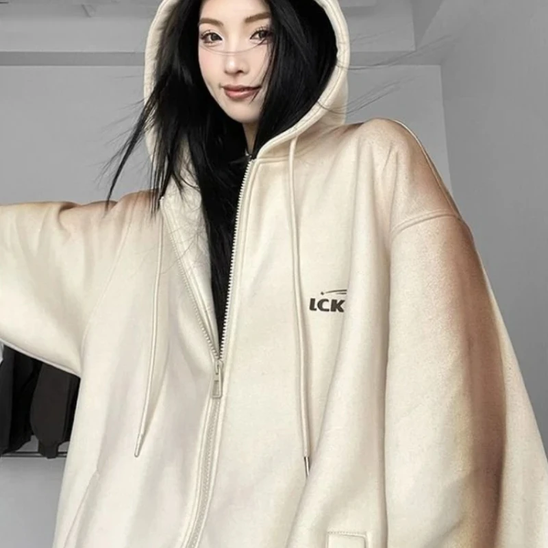 

Full Zip Up Hoodies With Zipper Female Top Baggy Loose Women's Hooded Sweatshirts Y 2k Vintage M E Youthful Clothes High Quality