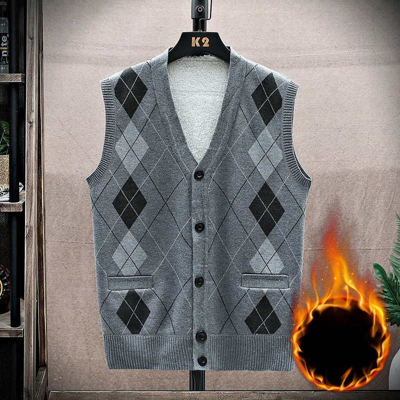 

Men Sweater Vest Knitted Cardigan 2024 Autumn Winter New Warm Thick Fleece Camisole Sleeveless V-neck Sweater Vest Mens Clothes