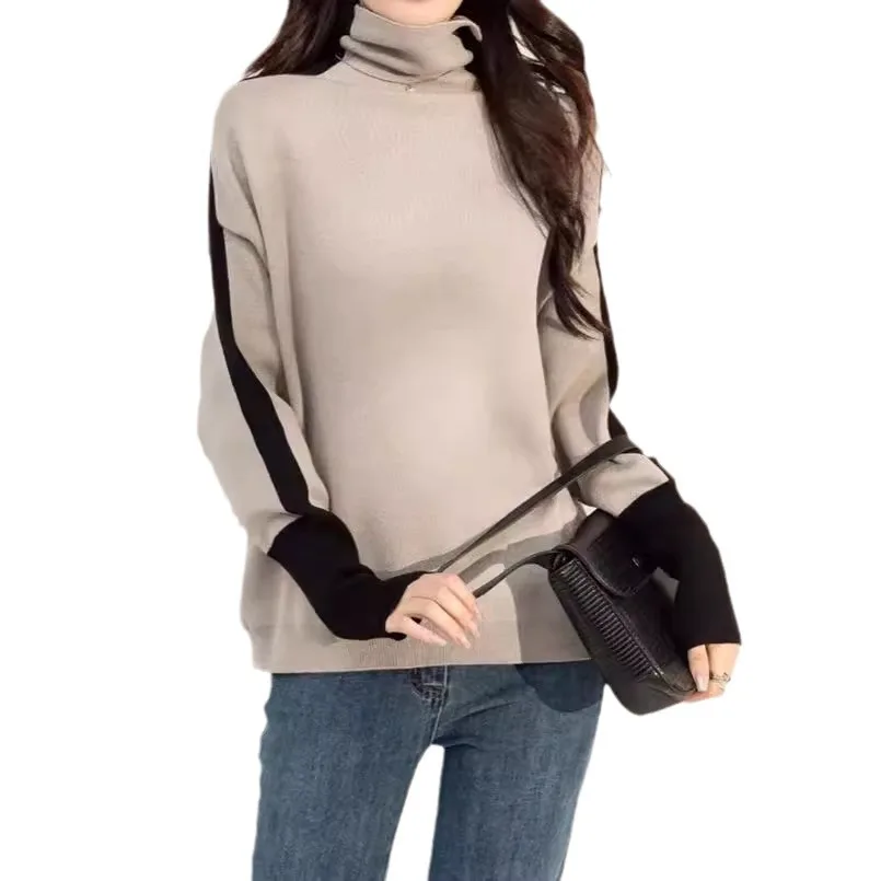 

Women's Knitted Top Base Layer Casual Style Autumn Winter New Arrival Color Block High Neck Contrast Color Hoodie
