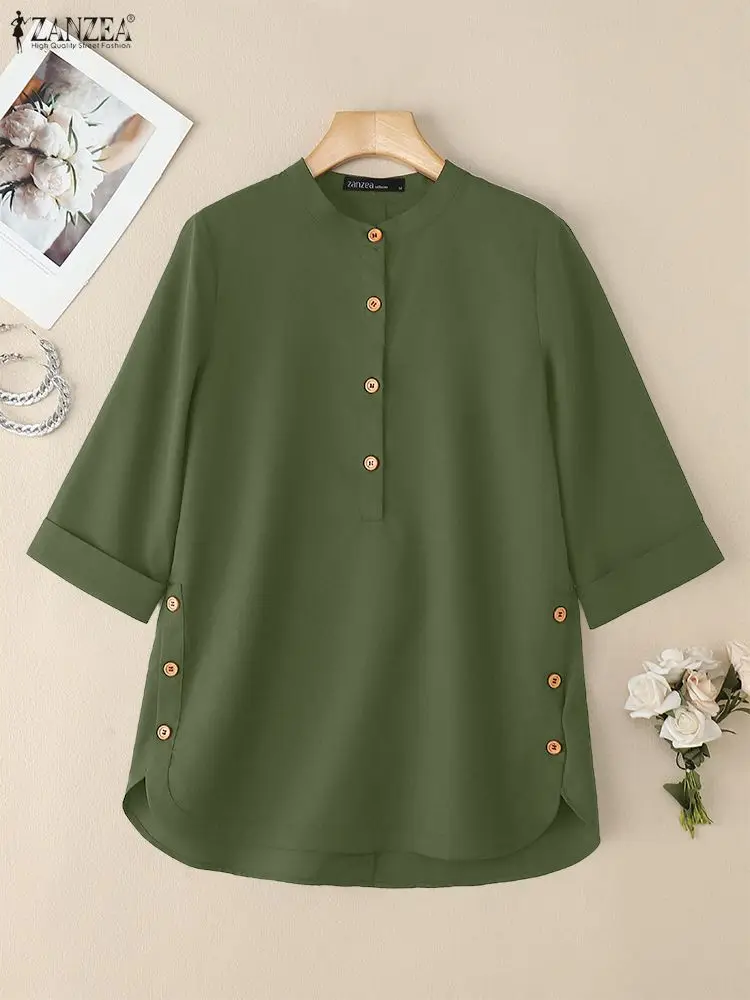 เสื้อเบลาส์ฤดูร้อน ZANZEA 2025 เสื้อทำงานผู้หญิงสไตล์หรูหรา เสื้อลำลองแขน 3/4 สีพื้น เสื้อผู้หญิงติดกระดุมสไตล์วินเทจ