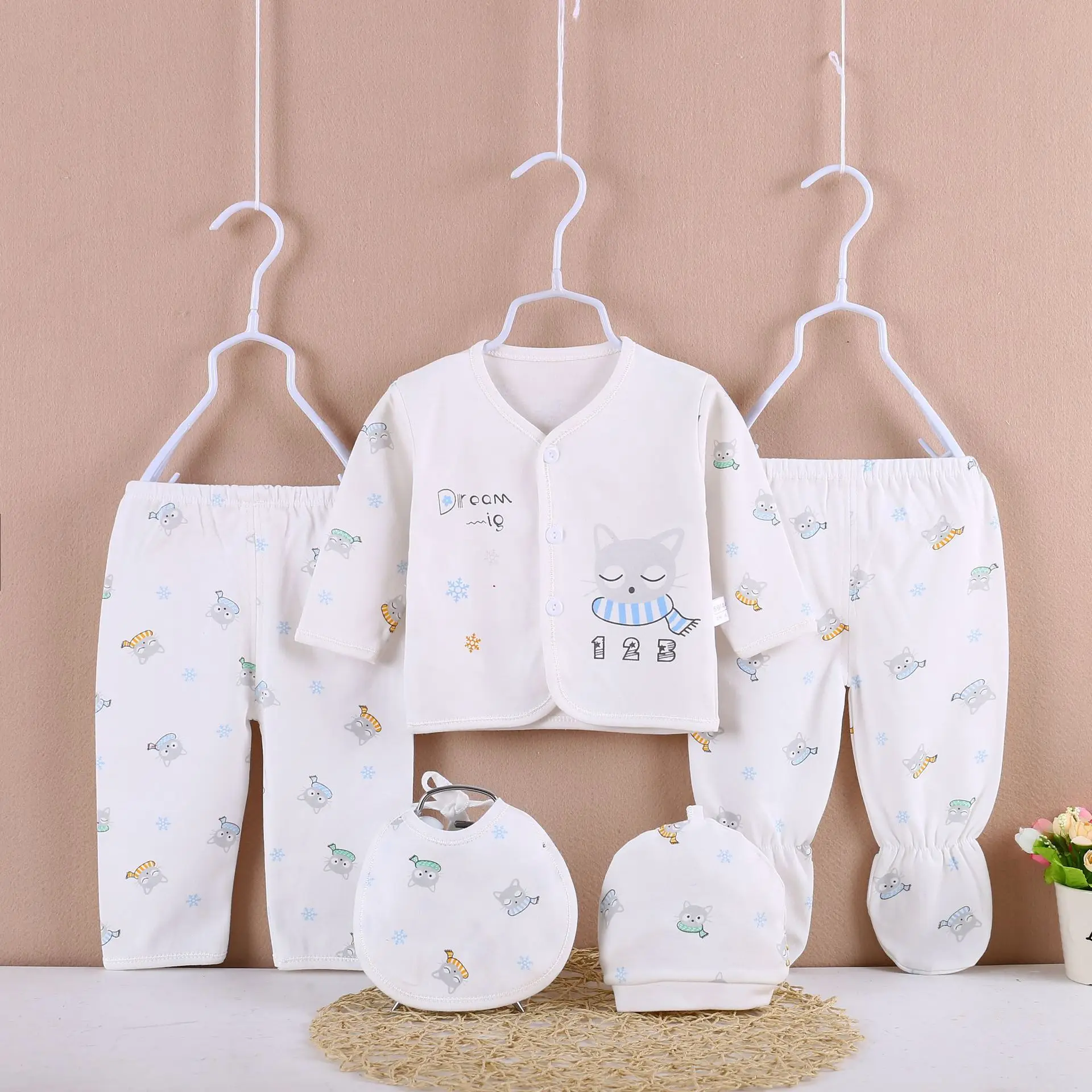 5Piece Spring Girls Clothes Boys Outfit Set Cartoon Cute Cotton Print Tops+Pants+Hat+Bibs Baby Stuff Newborn Hospital Set BC1825