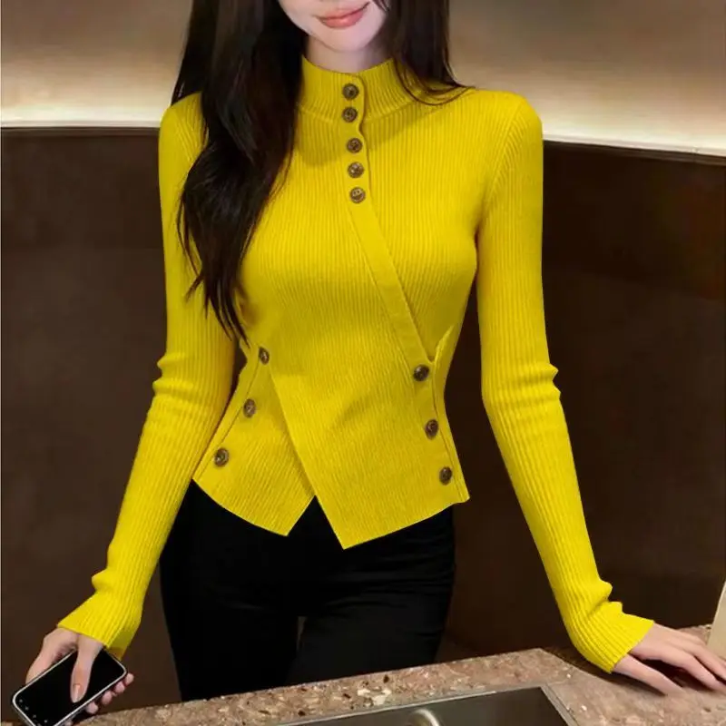 

Autumn Winter Vintage Half High Neck Sweater Knit Base Layer Women's Jumper Fashion Temperament Slim Chic Tops