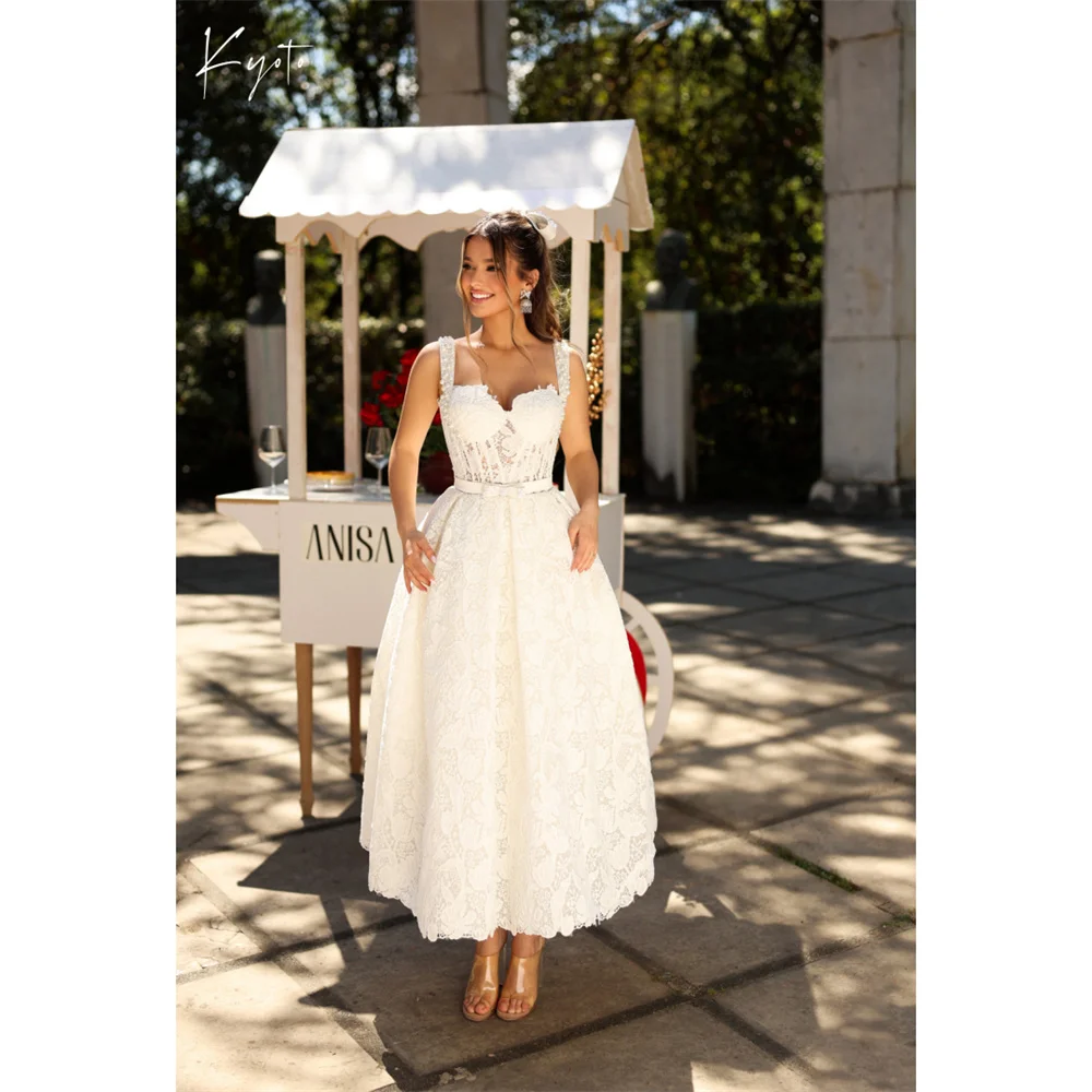 

Kyoto Customized Lace Appliques A-Line Square Collar Wedding Dress Spaghetti Strap vestidos de novia Ankle-Length Formal Evening