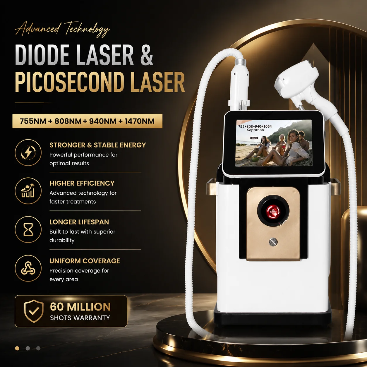 Professional 2 IN 1 Beauty Machine 755nm 808nm 940nm 1064nm Hair Removal Tattoo Removal Skin Rejuvenation Aesthetic
