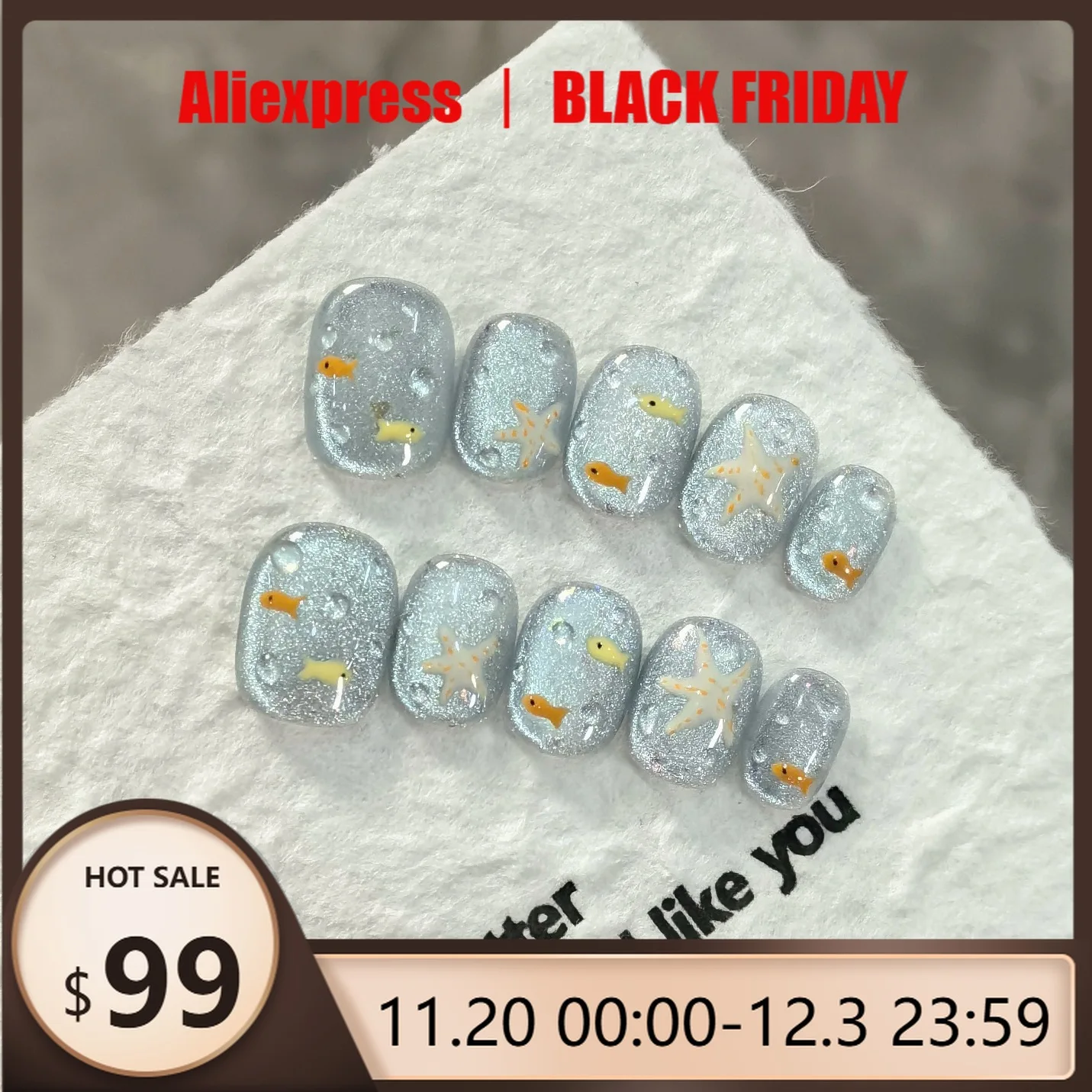 

10pcs Handmade Press on Nails Blue Crystal Cat's Eye Cute Childlike Fish Bubble Fake Nail for Women&Girl Removable Wearable Nail