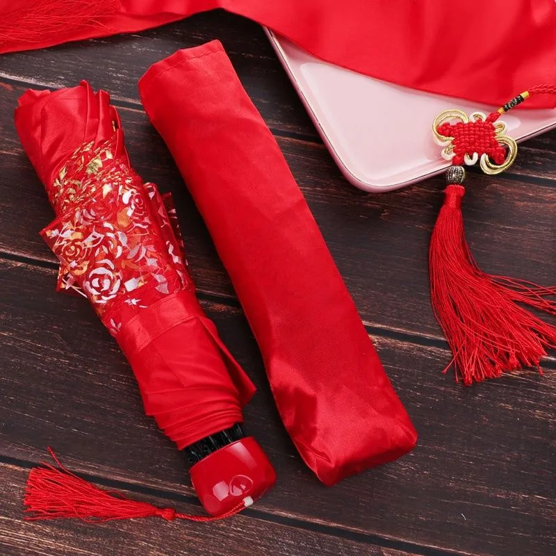 Apollo Style Lace Folding Parasol Red Rose Print Bridal Umbrella Chinese Wedding Decor For Women Photography Prop