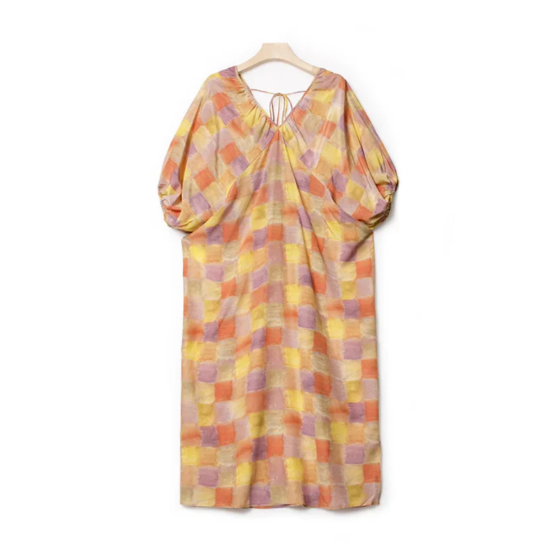 2024 Spring/Summer New 100% MULBERRY Silk Sunshine Orange Colorful Square Resort Seaside Checkered V-neck Dress Long Dress