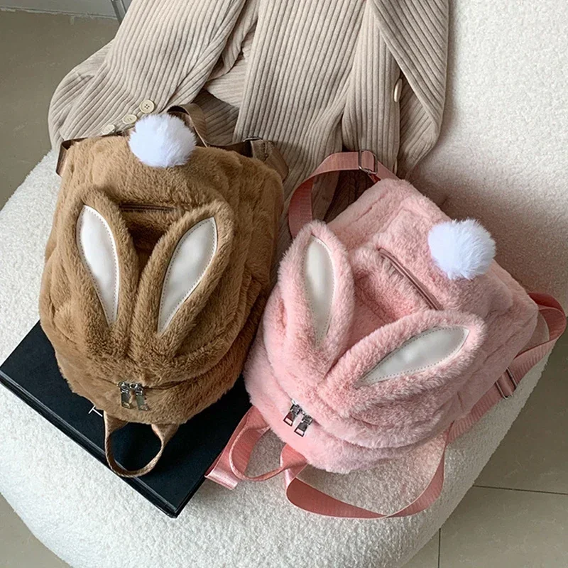 Plush Rabbit Ears Backpack Bag for Women Girl 2024 Funny Large Capacity Autumn Winter Travel Backpack School Bag