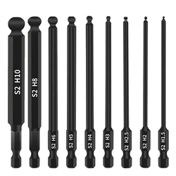 Ball End Hex Head Allen Wrench Drill Bit Set, 9PCS 1/4 Inch Hex Shank Magnetic Metric S2 Steel Ball End Screwdriver Bits Set