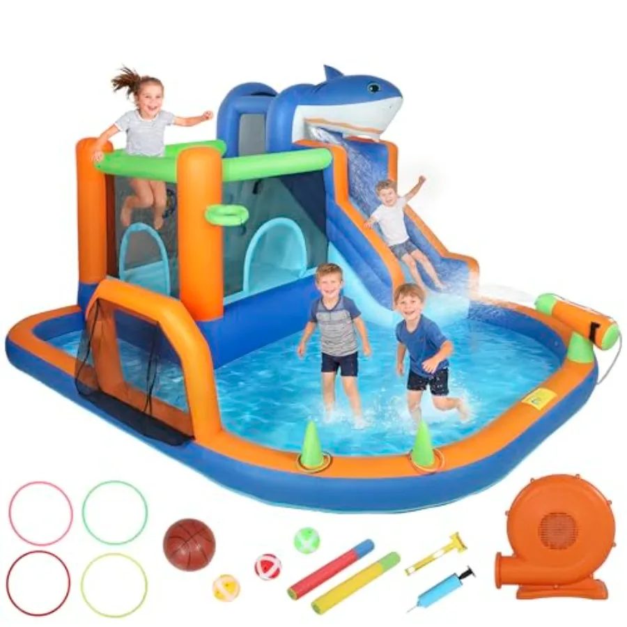 

8 in 1 Bouncy Castle for Sharks Theme Inflatable Bounce House with Slide Pool Ball Pit Climbing Wall Ring Toss Water Cannon Blo