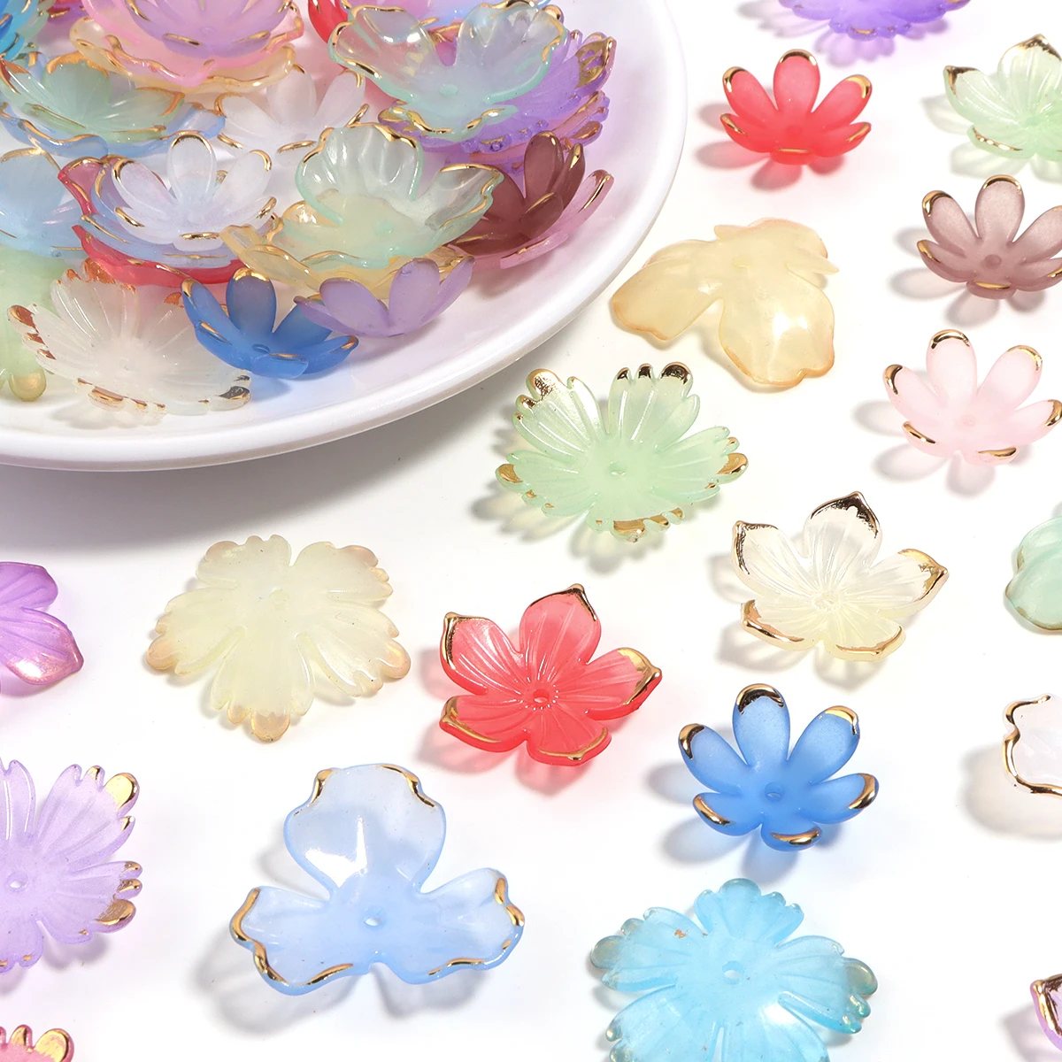 50pcs Golden Edged Flower Spacer Beads Gradient Color Acrylic Beads Caps For Jewelry Making DIY Bracelet Nacklace Accessories