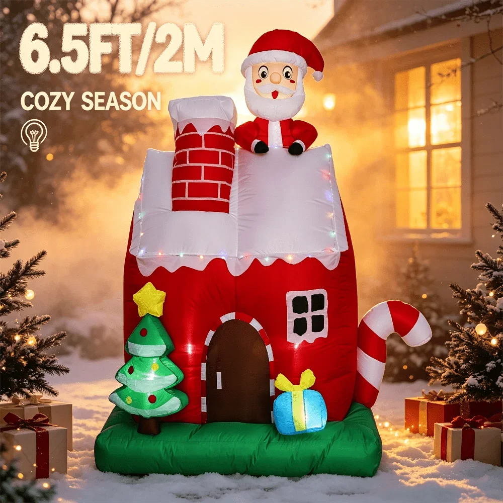 Santa Christmas House Inflatable Model Toy 6.5FT/2M with LED Lights Chimney Snow Roof Blow Up Garden Ornament