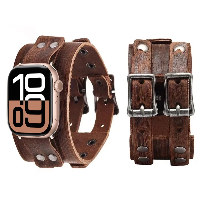 Genuine Leather Strap For Apple Watch Ultra 3/4 Band 44mm 40mm 45mm 41mm 49mm Double Metal Buckle Bracelet iWatch Series 9/10/11