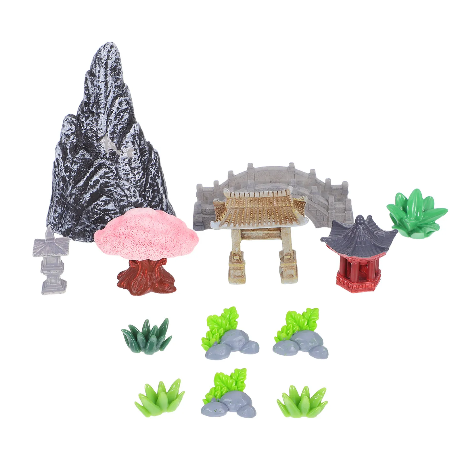 1Set Resin Miniature Chinese Landscape Rockery Decoration with Mountains Bridges Pavilions for Micro Landscape Terrarium Fish