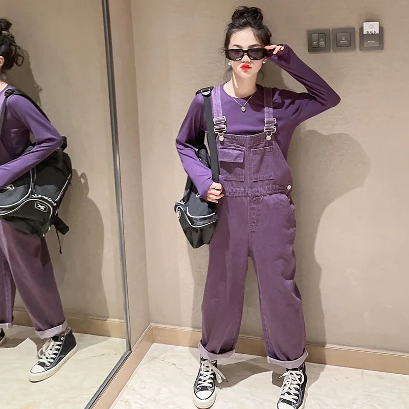 

2025 Korean Autumn School Girl 2-Piece Sets Teenager Girl Solid Long Sleeves Tops+Multi Pocket Denim Overalls 4-14Y Girls Sets