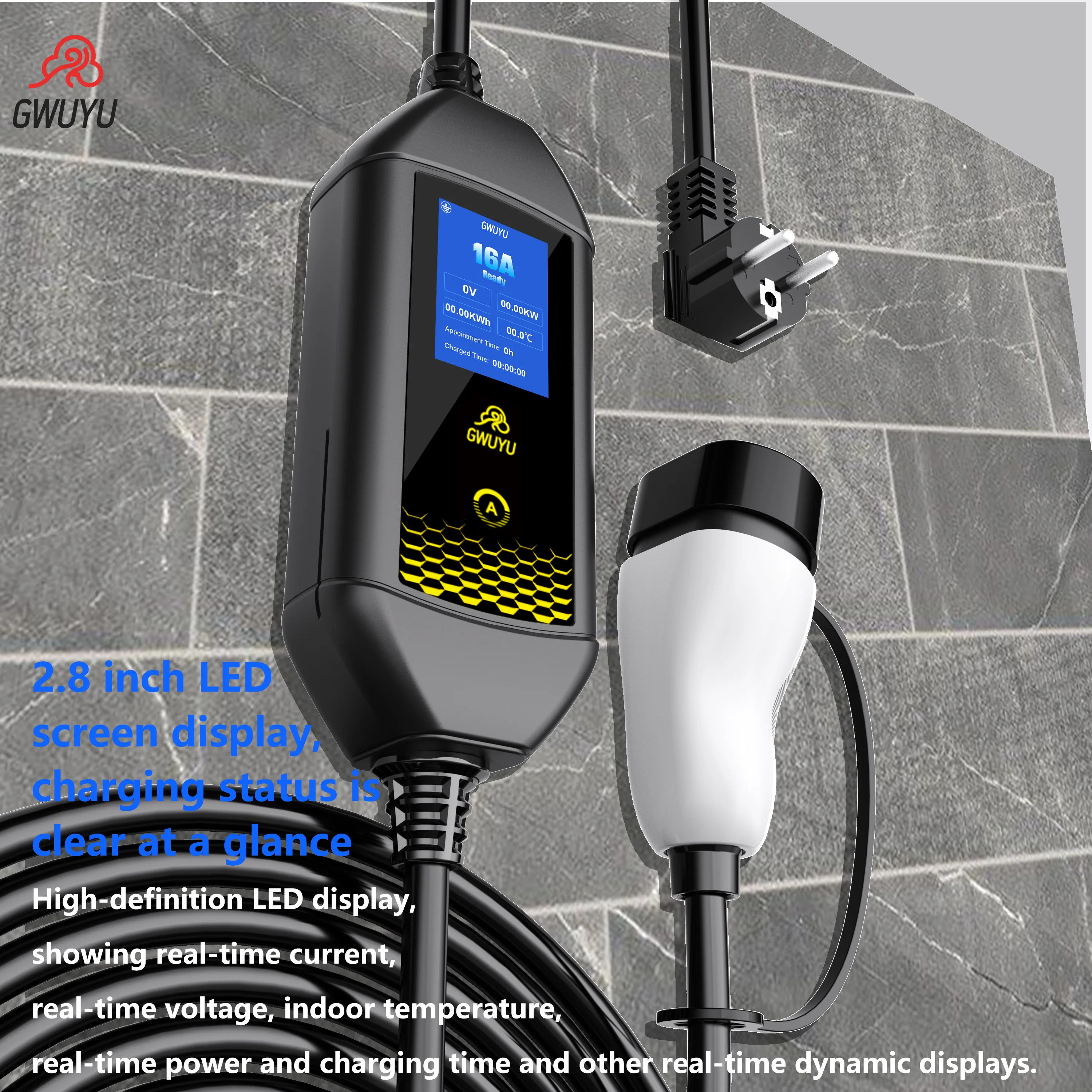 GWUYU 16A 3,5KW Typ2 Europäischer Standard-Stecker Tragbares Elektrofahrzeug-Ladegerät EVSE-Ladestation mit WLAN Bluetooth APP-Steuerung – Detail 2