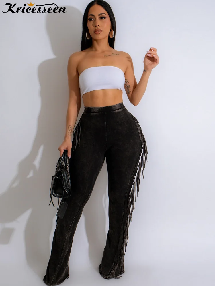 

Kricesseen Dancing Queen Fringe Legging Black Trousers Women's Stretchy High Waist Tassels Wide Legs Long Trouser Night Clubwear