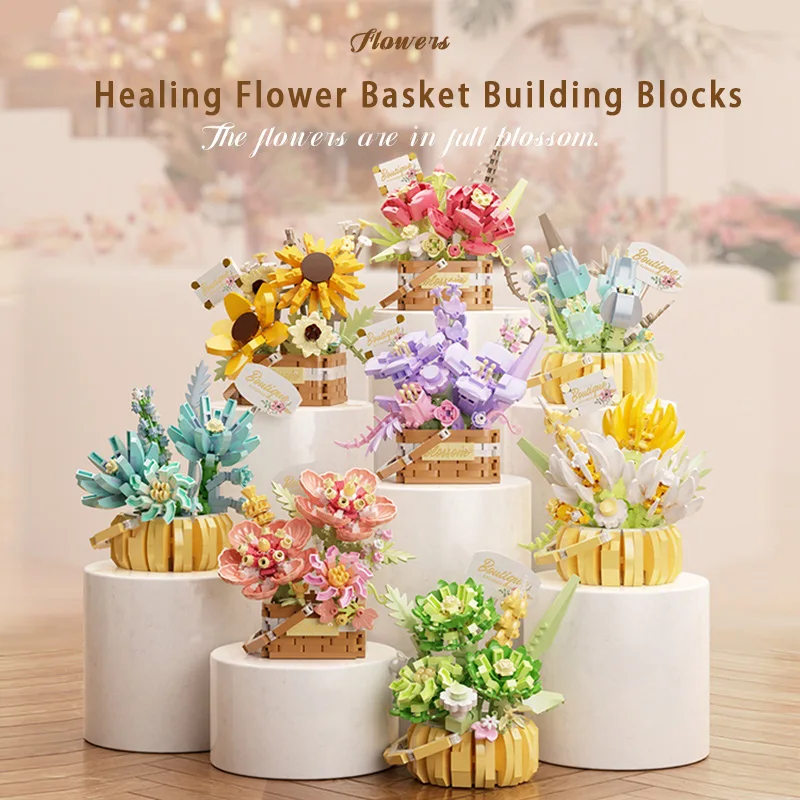 Micro particle building block biomimetic flower eternal flower basket series birthday gift assembly for girls