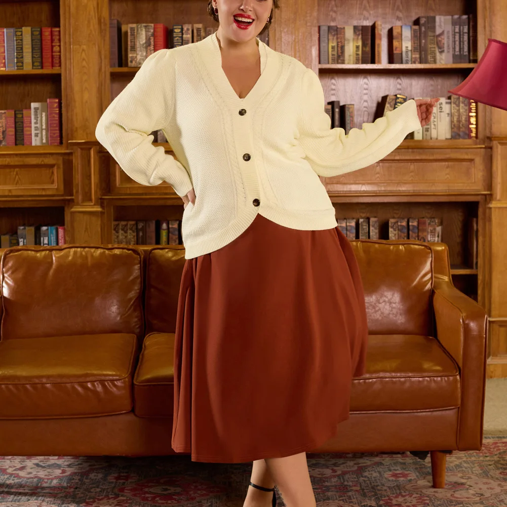 Elle Poque-cárdigan Vintage con dobladillo curvo para mujer, suéter cálido de manga larga con cuello en V y botones, abrigo de otoño e invierno, A30