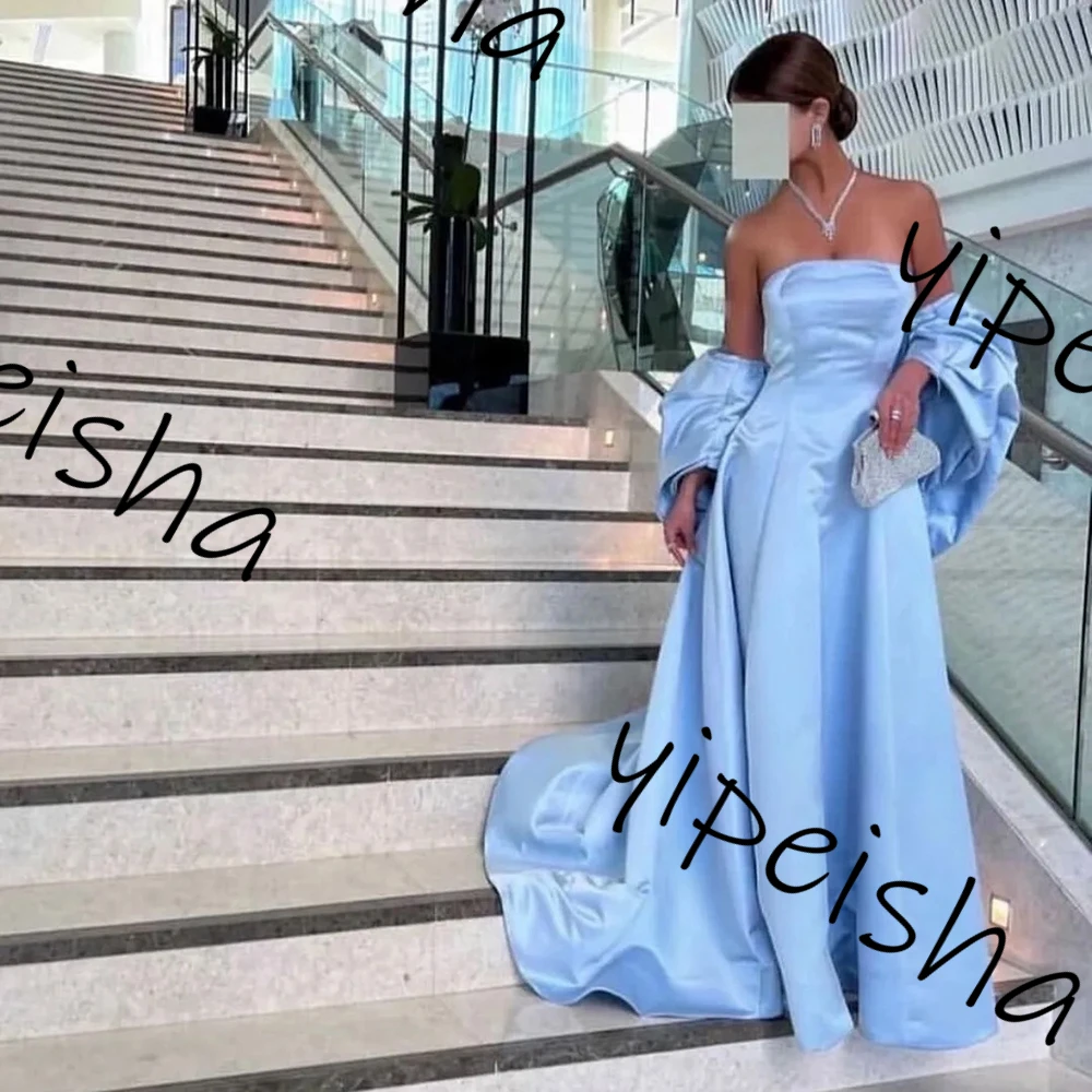 Customized Sexy Zipper Back Prom Gowns Sky Blue Satin A Line Long Elegant Evening Dresses Strapless backless Sweep Train Formal 