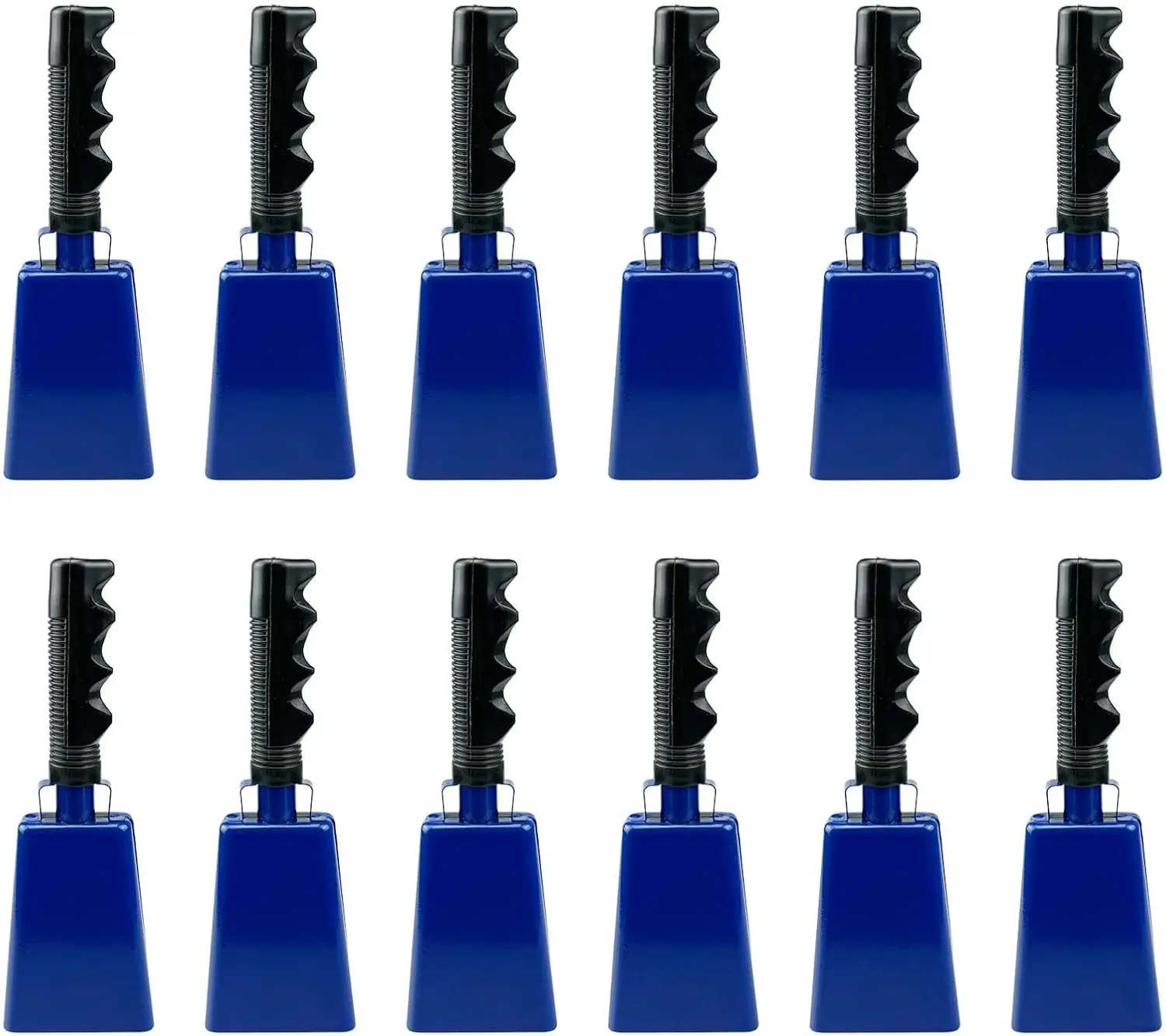12-Pack Metal Cow Bells, Loud Noise Makers for Cheering, DIY Paintable Blank Cowbells with Handle for Sports Events, Party Favors (Blue)