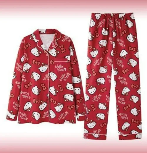 Sanrio Christmas Hello Kitty Casual Pajama Girls Y2k Home Pajamas Set Kawaii Women\'S Printed Kt Cat Pants Long Sleeve Gifts