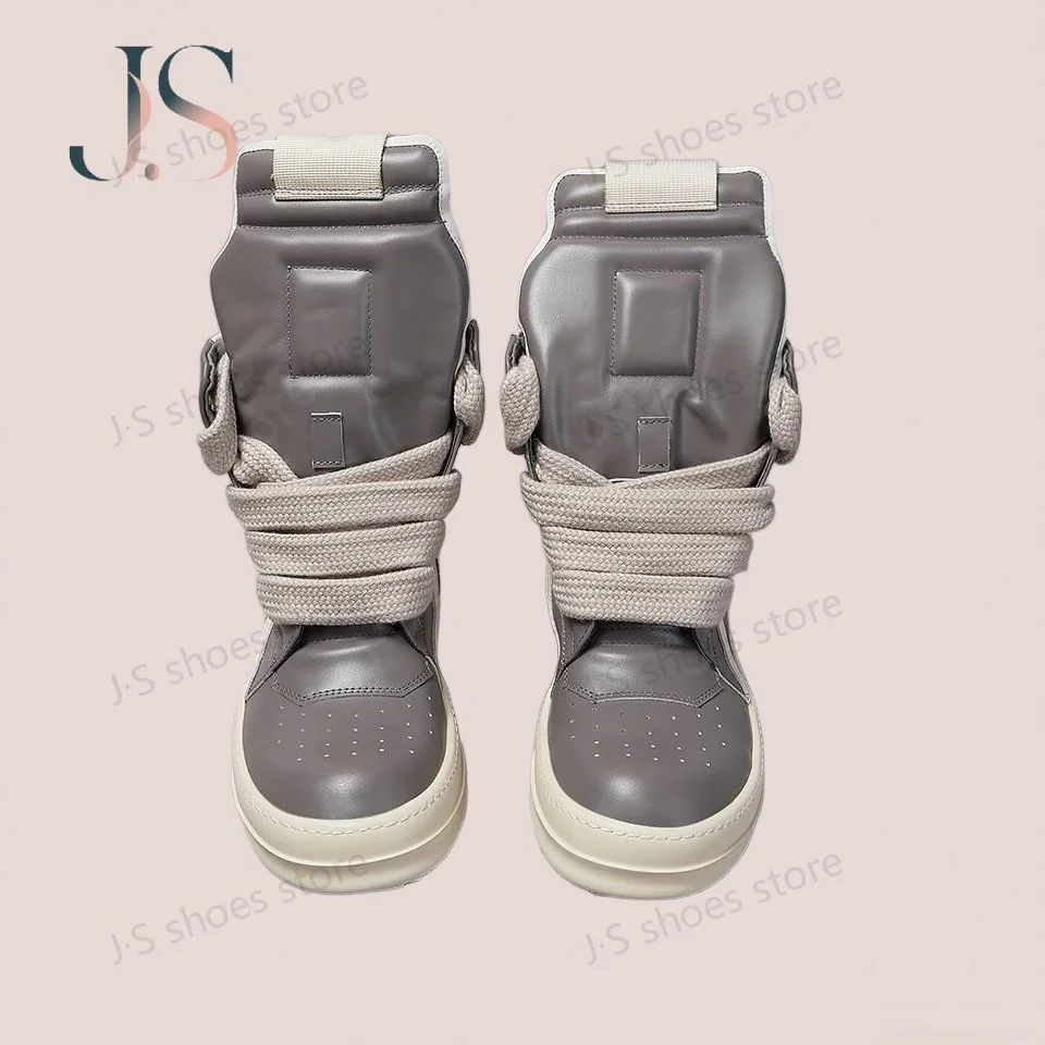 

R-o Men Shoe Gray Leather Boot Outoor High Top Casual Shoes Jumbo Laces Grey Cowhide Zipper Women Sneaker Cowhide Ankle Boots