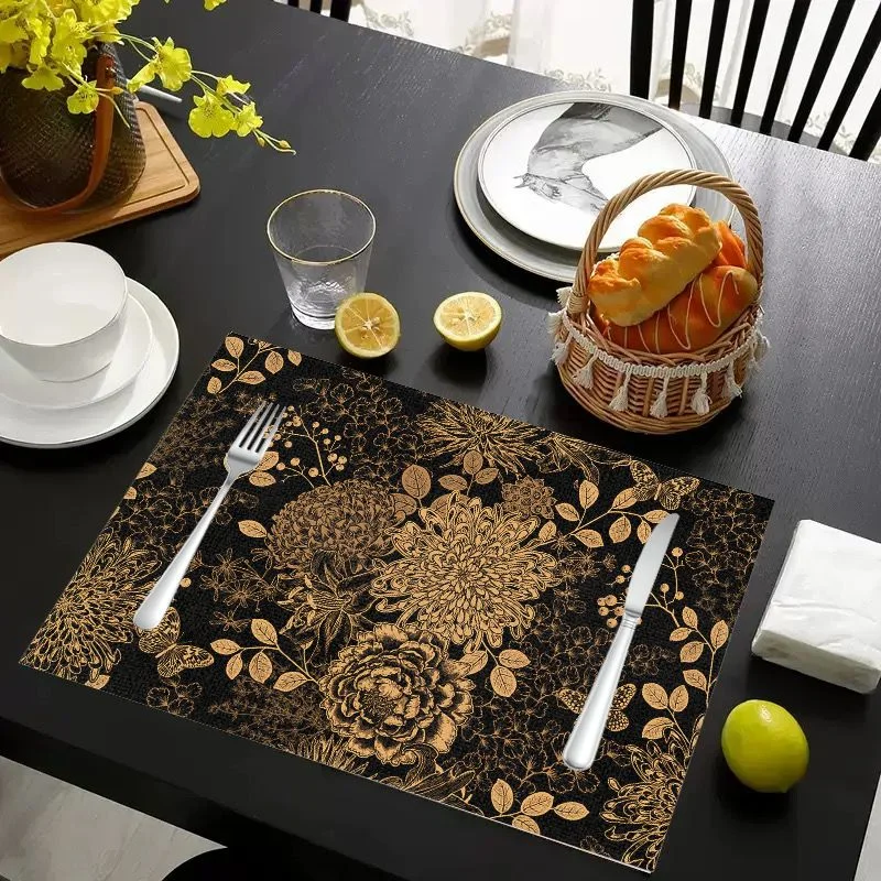 VIKAMA Placemat Black Gold Flowers Print, Waterproof Oil-Proof Heat-Resistant Non-Slip Woven Dining Table Mat