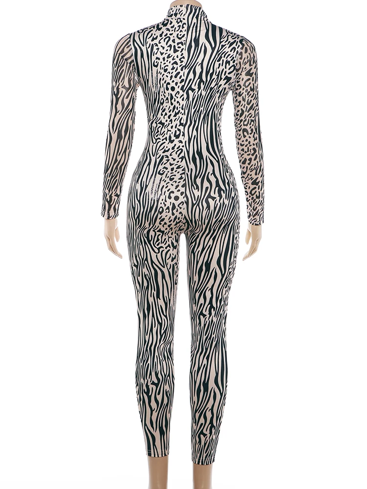 Weird Puss Sexy Mode-Jumpsuits für Damen, Leopardenmuster, Rollkragen, lange Ärmel, figurbetont, pfirsichfarben, heißer High-Street-Overall – Detail 5