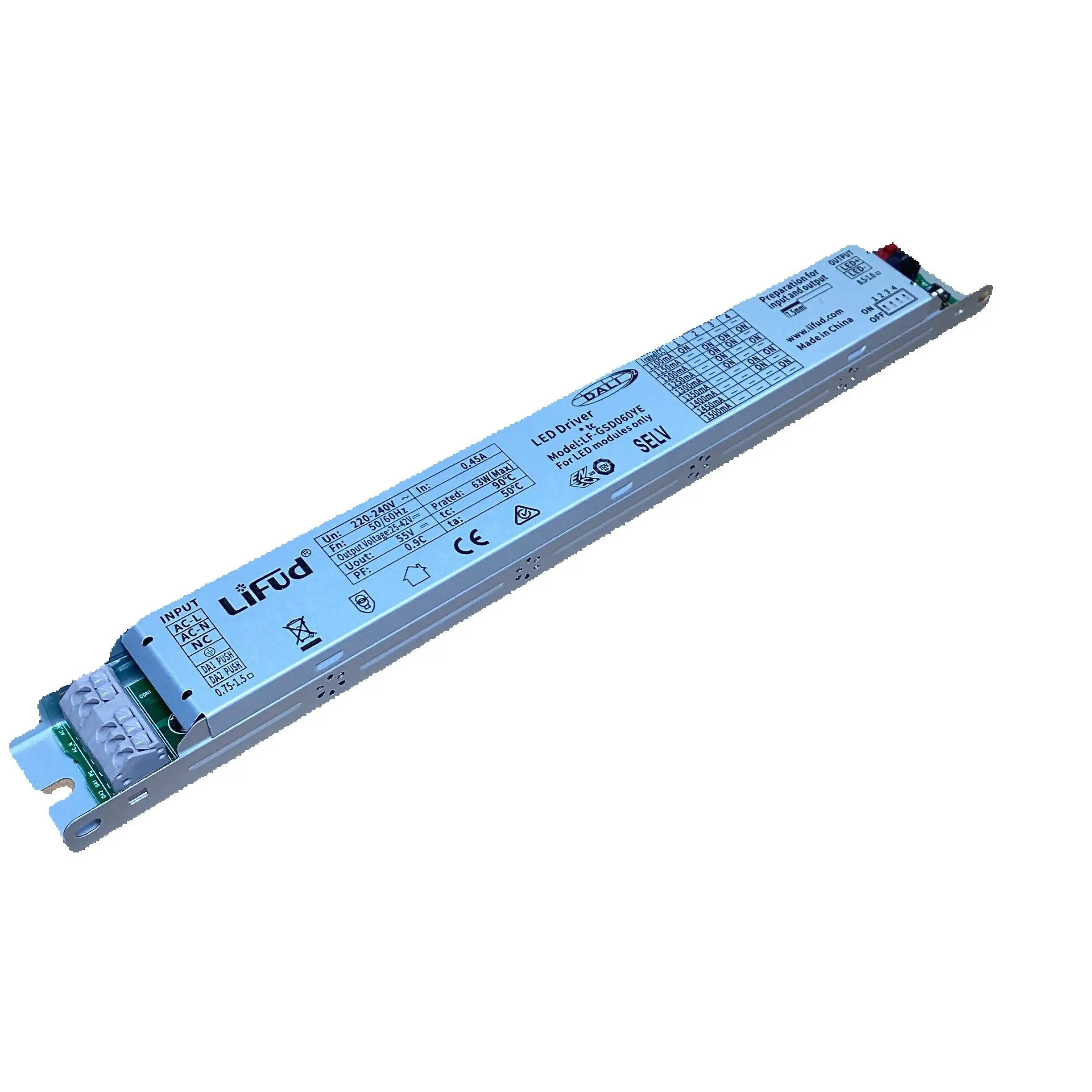 DALI PUSH 60W Dimmable LED Driver DT6 LF-GSD060YE Linear Power Suplly for Class I light fixtures 1200mA 1300mA 1400mA 1500mA