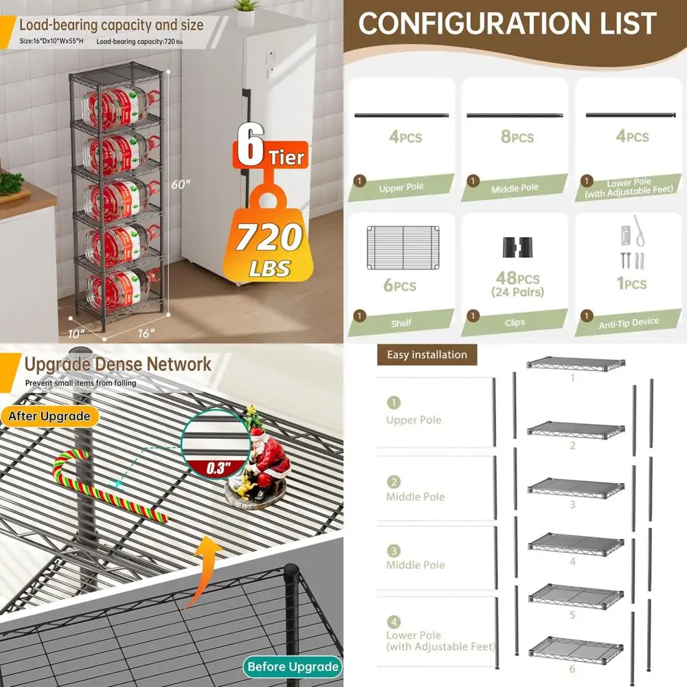 

6-уровневый регулируемый органайзер с металлической сеткой для дома, кухни, офиса и ванной комнаты — 10 x 16 x 60 часов черного цвета