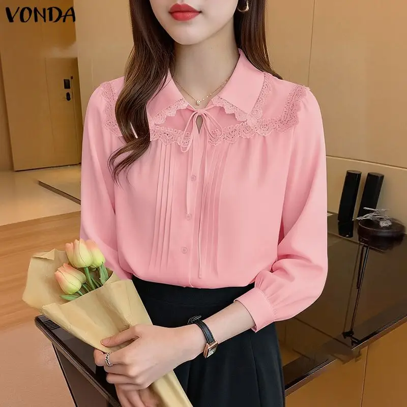 VONDA ファッション長袖シャツ女性レースパッチワーク包帯カジュアルブラウス春秋ラペルオフィスレディエレガントチュニックトップス