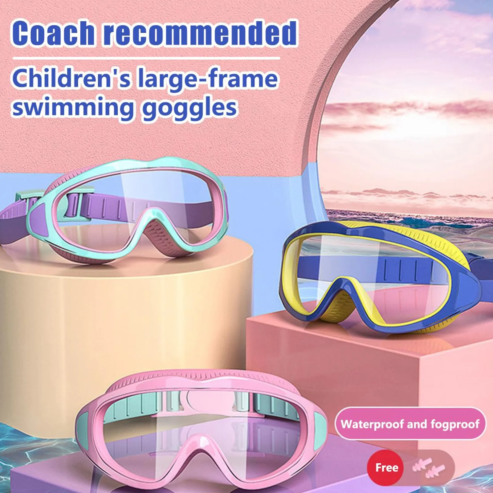 Gafas de natación para niños de 3 a 16 años, gafas de natación impermeables antivaho y antiultravioleta con marco grande HD para niños