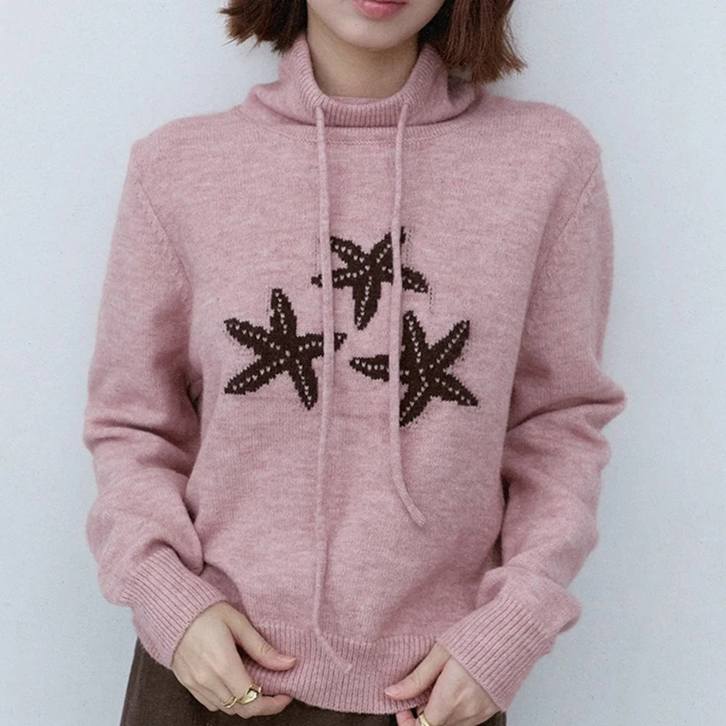 Vintage Neck Knitted Sweater Women Autumn Starfish Jacquard Casual Pullover Retro Lazy Wind Drawstring Loose Jumper Tops