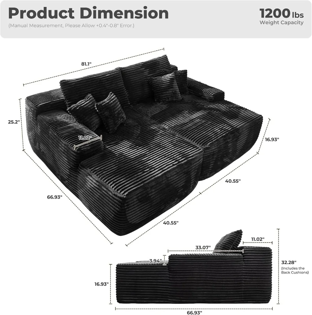 Chaise Lounging Sleeping Couch,81x67 Assembly Free Modern Minimalist Sofa,Extra Deep Large Sofa Couch Set.