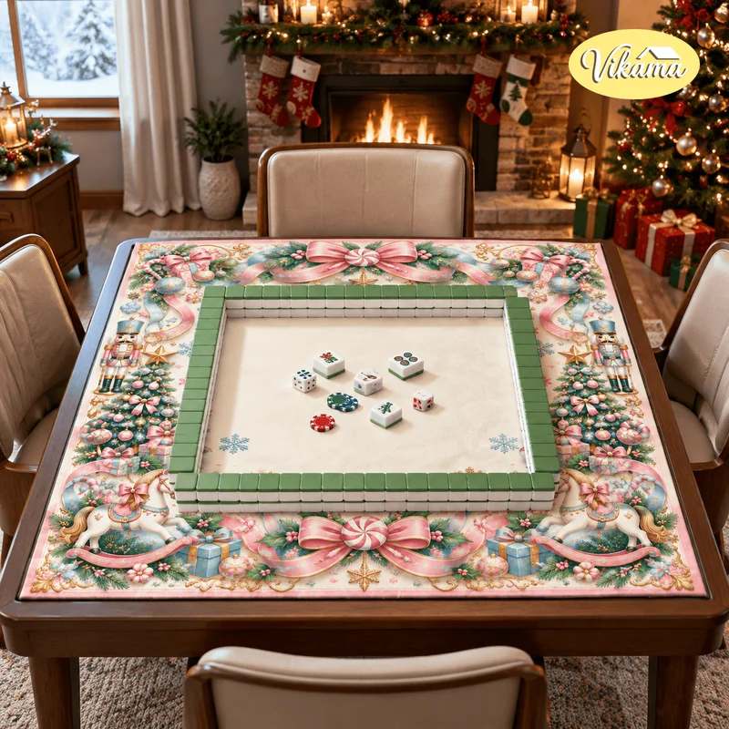 Christmas Nutcracker Pink Green Mahjong Mat Non Slip Foldable Table Cover for Family Game Night Dining Room Holiday Decor